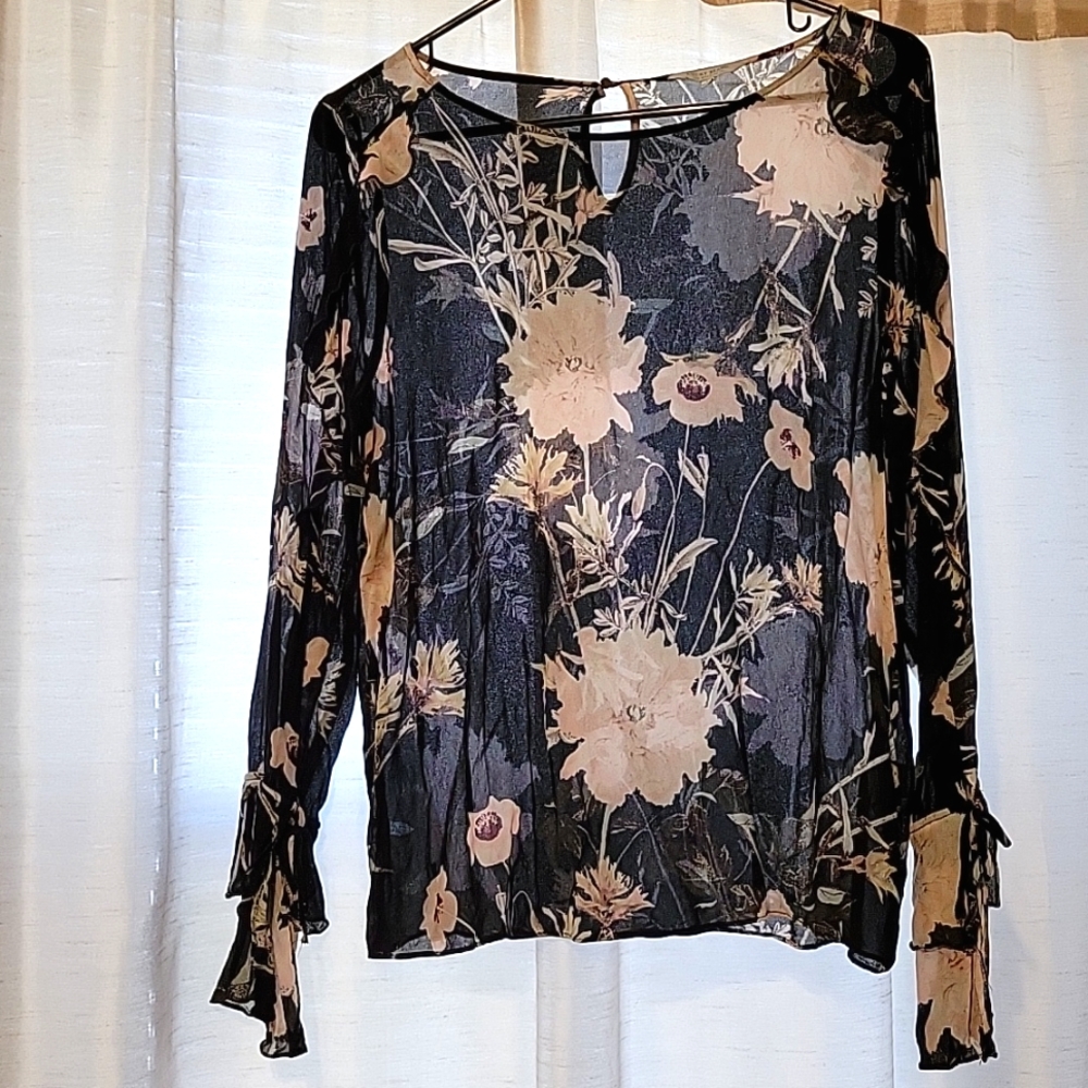 Lucky Brand sheer black foral blouse, size L